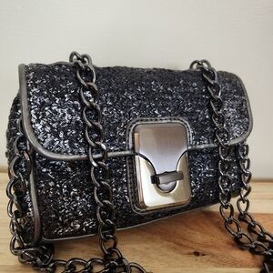 Woven Metallic Silver Gray Straw Tweed Mini Flap Shoulder Crossbody Bag